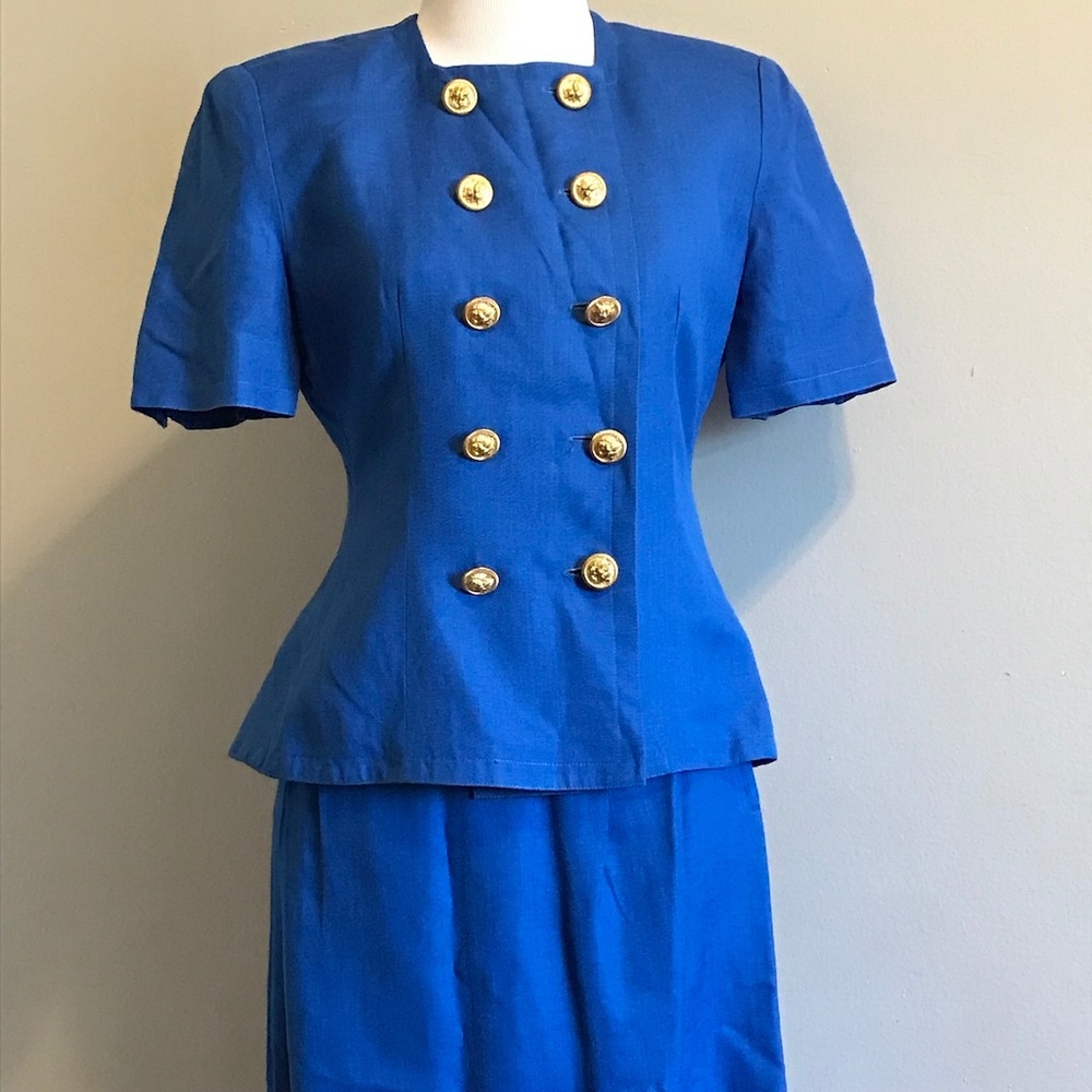 Vintage 80s Adele Simpson Bright Blue 2 piece Suit